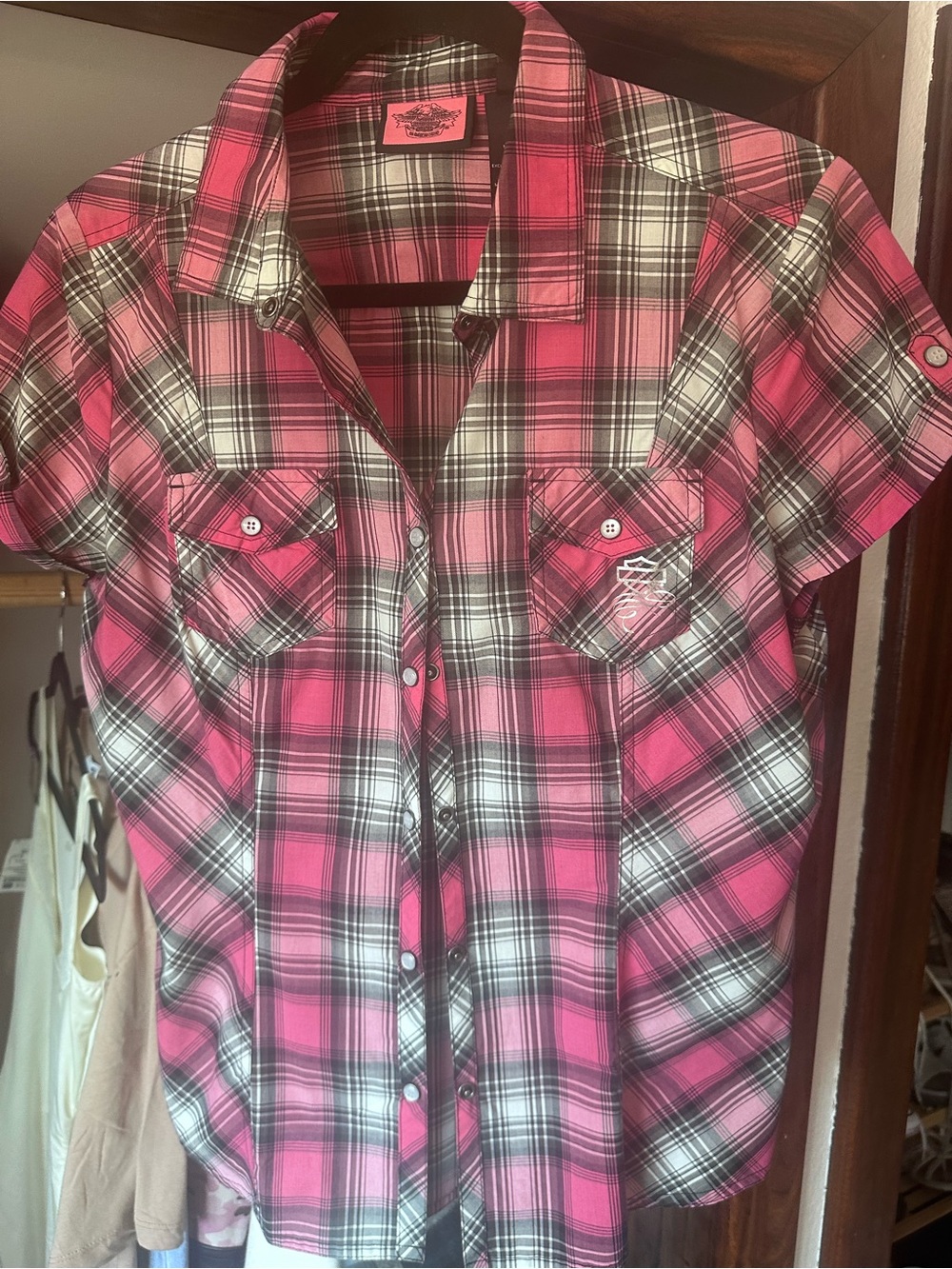 HARLEY DAVIDSON Pink Plaid Button-Up Short Sleeve Shirt